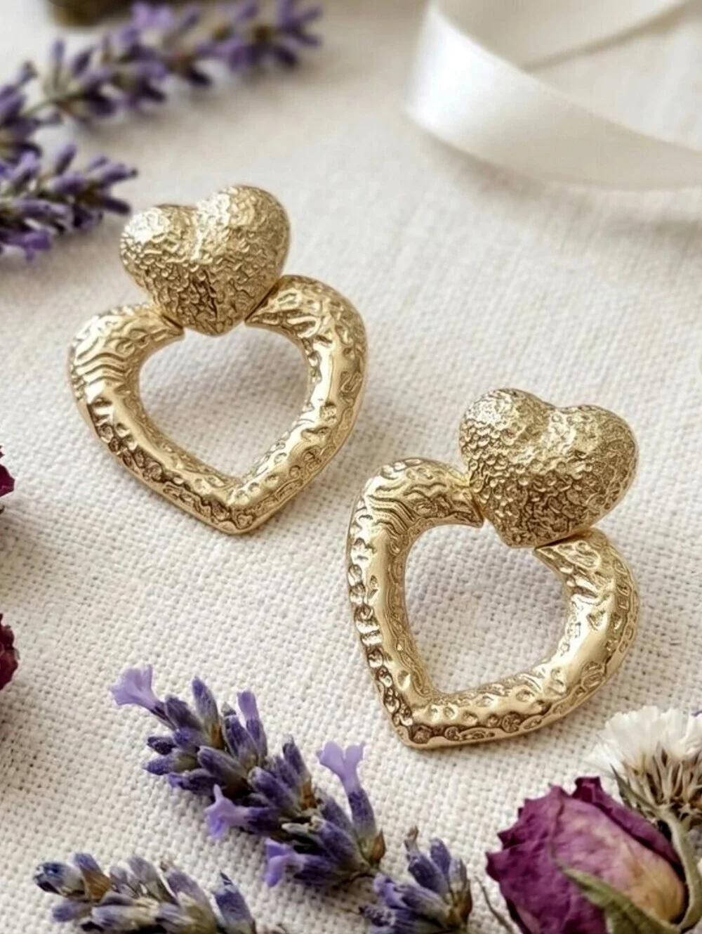 18K Gold Plated SS Coquette Mob Wife Double Heart Hammered Statement Studs 1.9in
